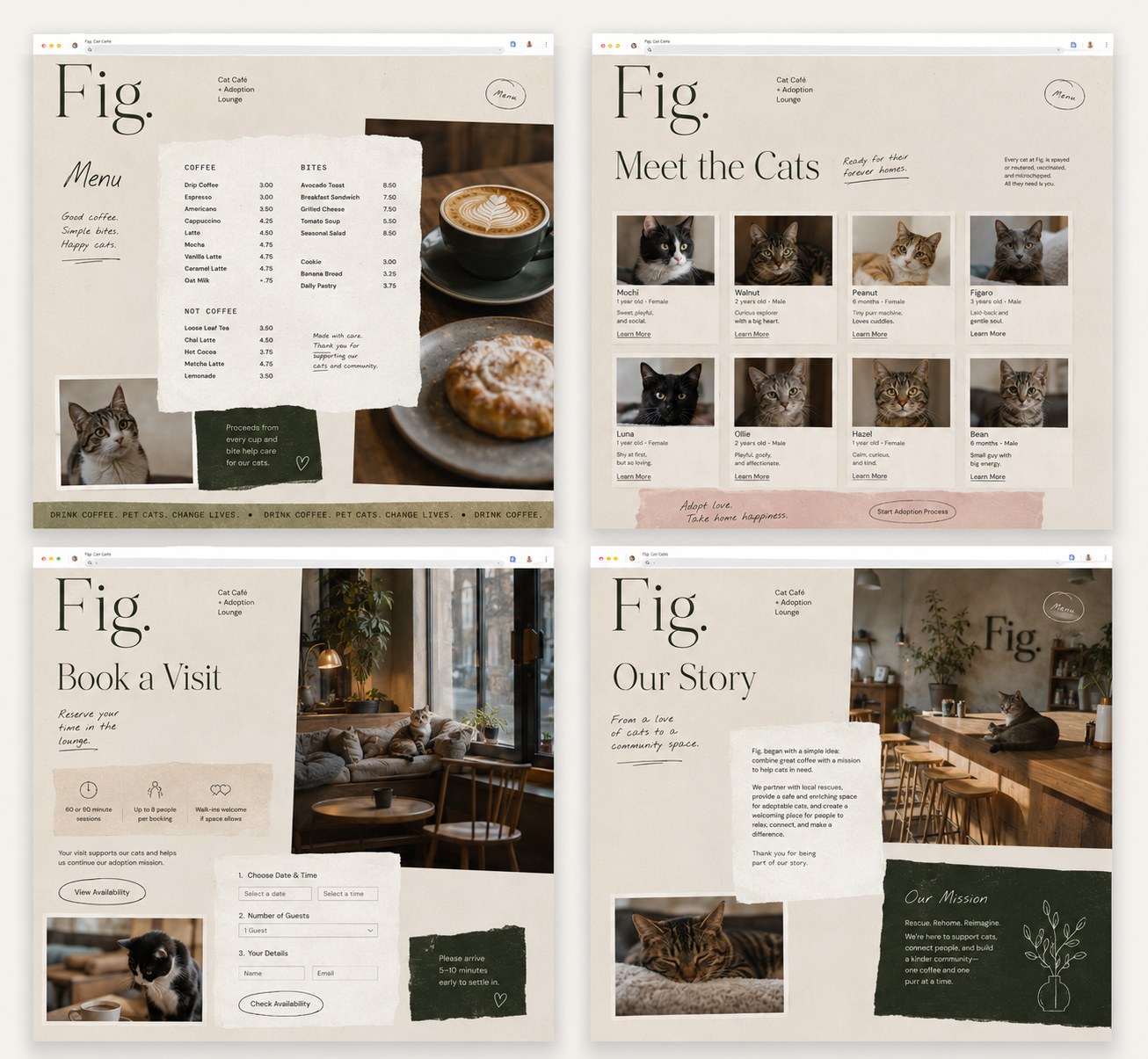 Fig. — Menu, meet the cats, book a visit and the story — four more pages from the same system