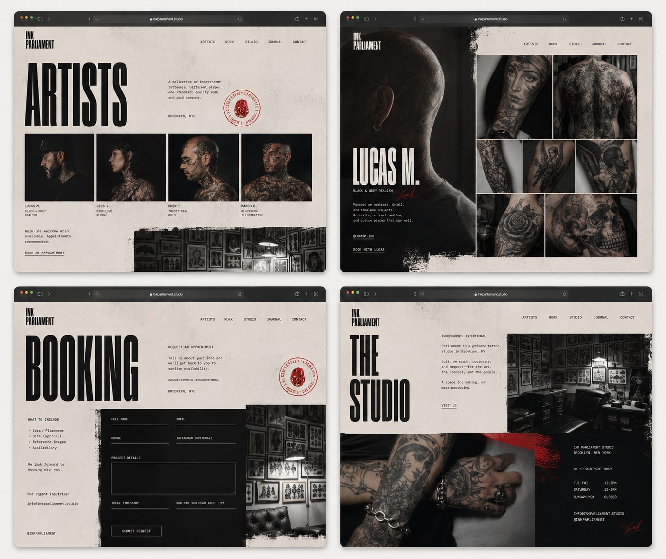 Parliament — Artists, portfolio, booking and the studio — four more pages from the same system
